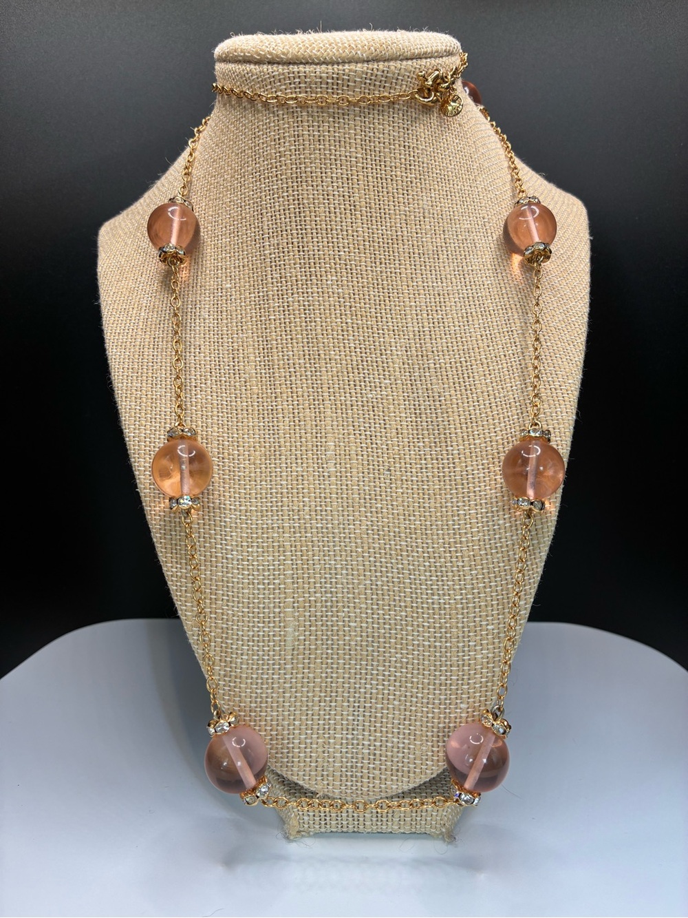 Gold J. Crew Long Necklace with Peach Bead Rhinestones Accents
